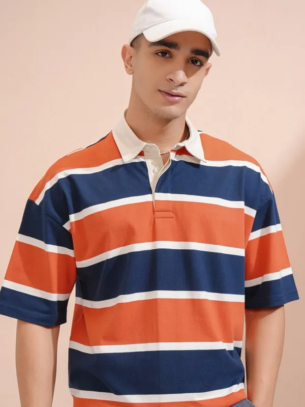 Highlander Men Navy Blue Striped Oversized Fit Polo Collar T-Shirt