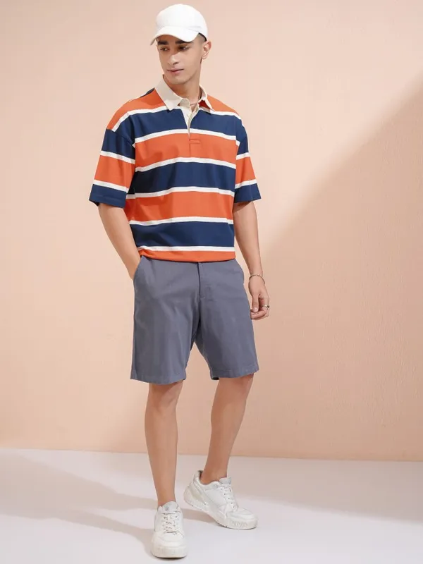 Highlander Men Navy Blue Striped Oversized Fit Polo Collar T-Shirt