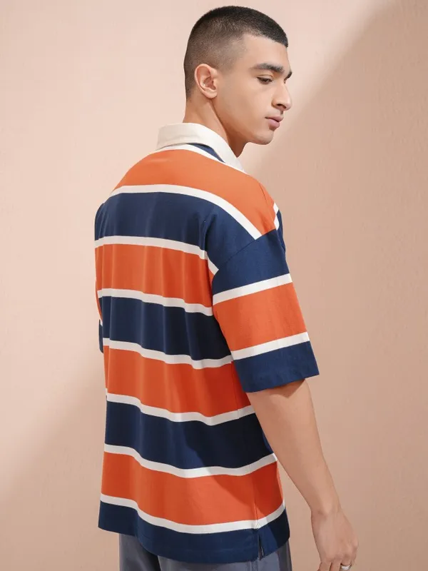 Highlander Men Navy Blue Striped Oversized Fit Polo Collar T-Shirt