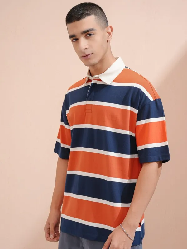 Highlander Men Navy Blue Striped Oversized Fit Polo Collar T-Shirt