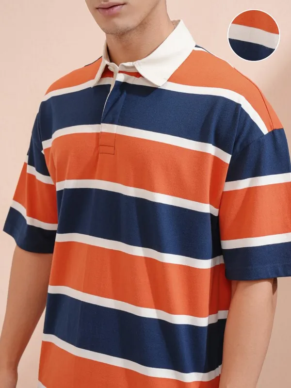 Highlander Men Navy Blue Striped Oversized Fit Polo Collar T-Shirt