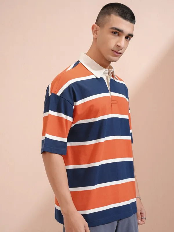 Highlander Men Navy Blue Striped Oversized Fit Polo Collar T-Shirt