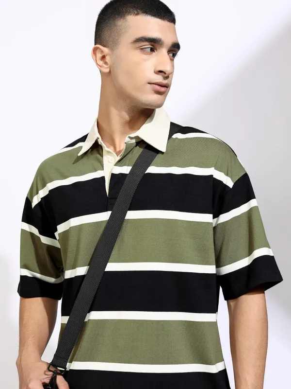 Highlander Men Black Striped Polo Collar T-Shirt