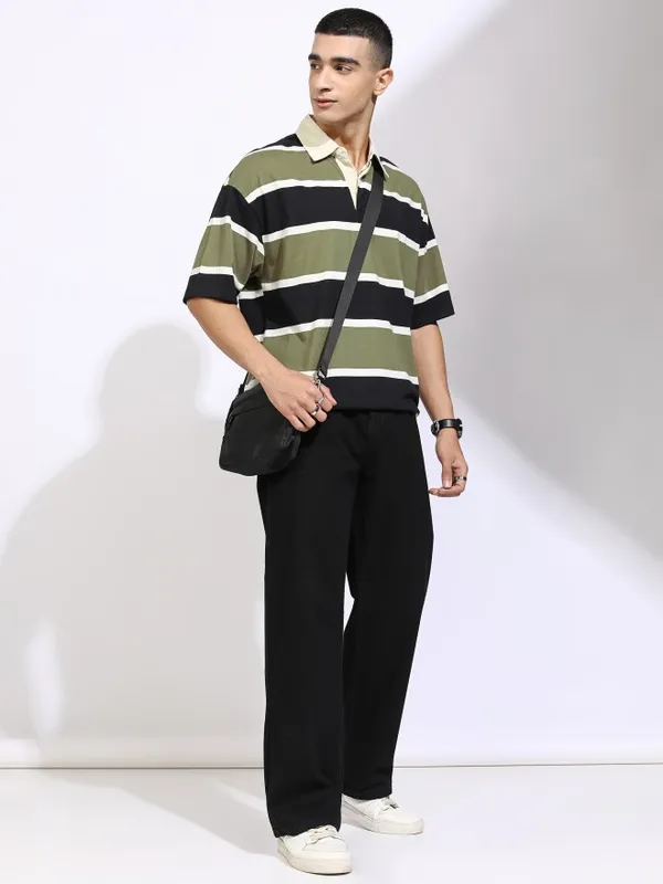 Highlander Men Black Striped Polo Collar T-Shirt