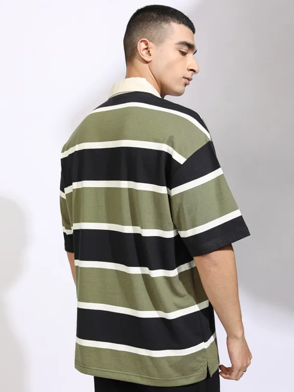 Highlander Men Black Striped Polo Collar T-Shirt