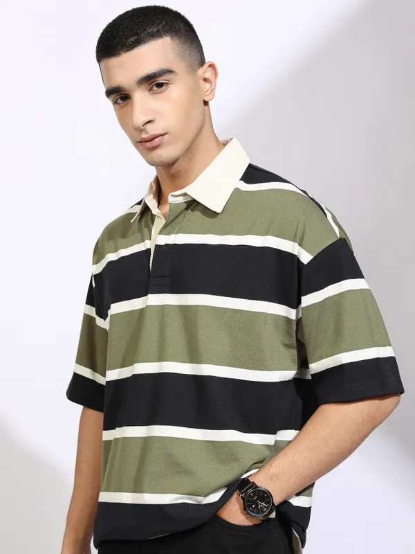 Highlander Men Black Striped Polo Collar T-Shirt