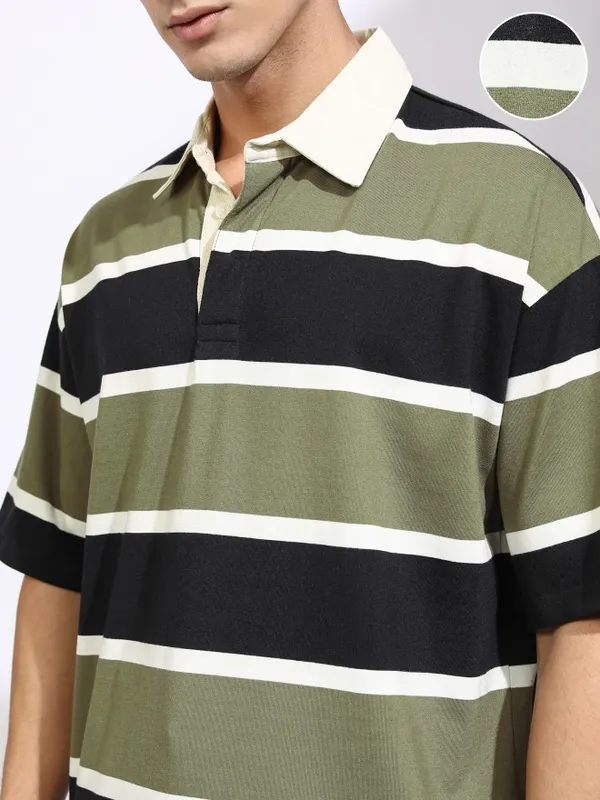 Highlander Men Black Striped Polo Collar T-Shirt