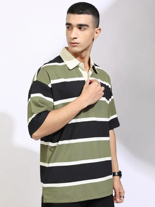 Highlander Men Black Striped Polo Collar T-Shirt