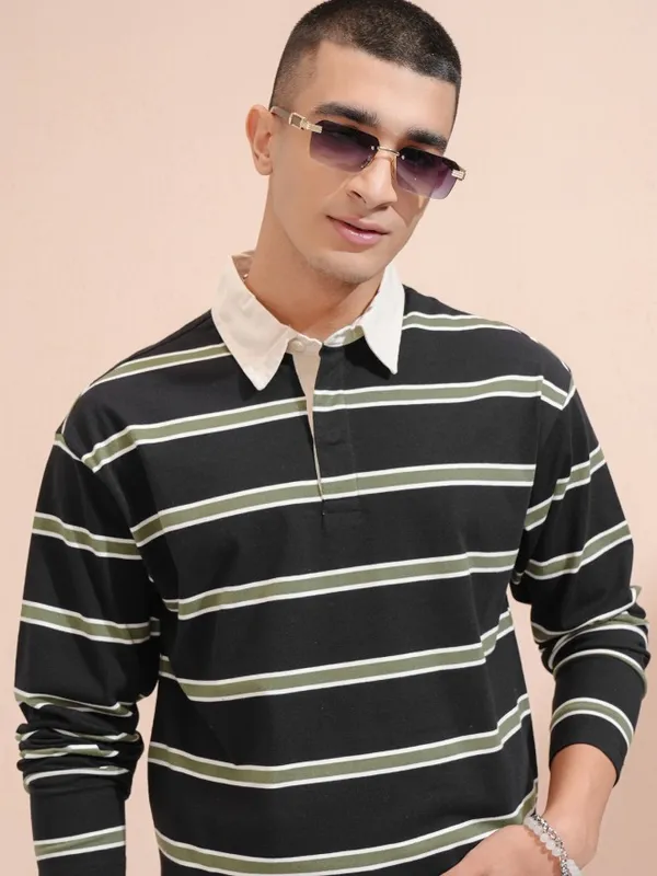 Highlander Men Black Striped Oversized Fit Polo Collar T-Shirt