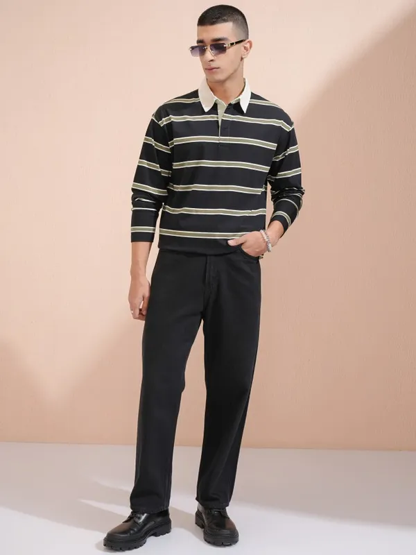 Highlander Men Black Striped Oversized Fit Polo Collar T-Shirt