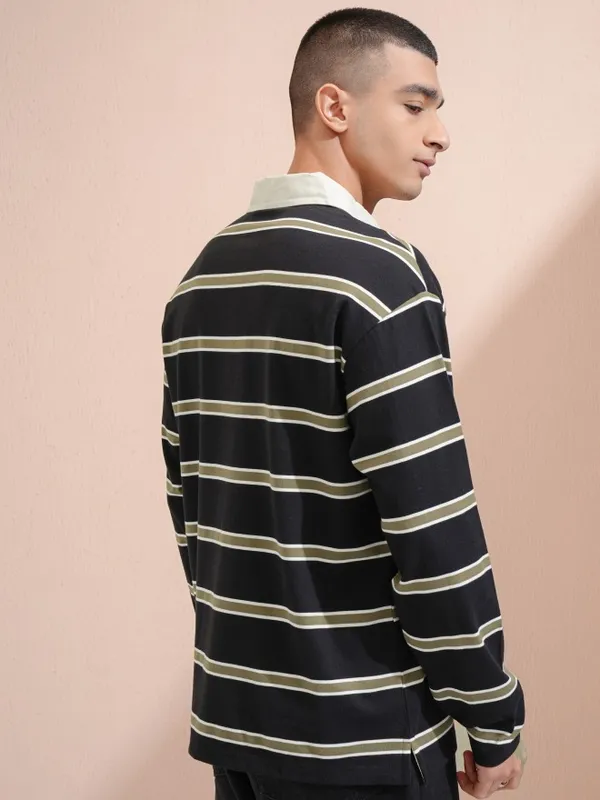 Highlander Men Black Striped Oversized Fit Polo Collar T-Shirt