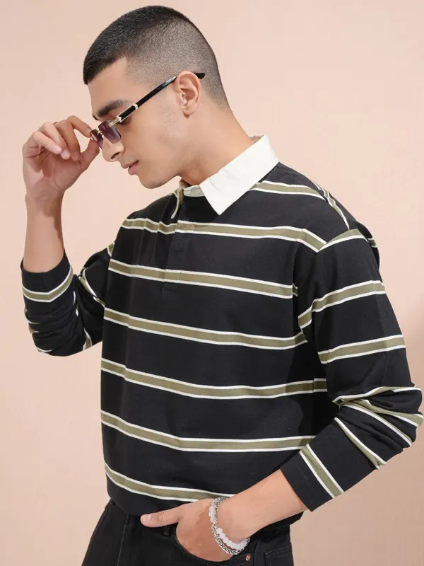 Highlander Men Black Striped Oversized Fit Polo Collar T-Shirt