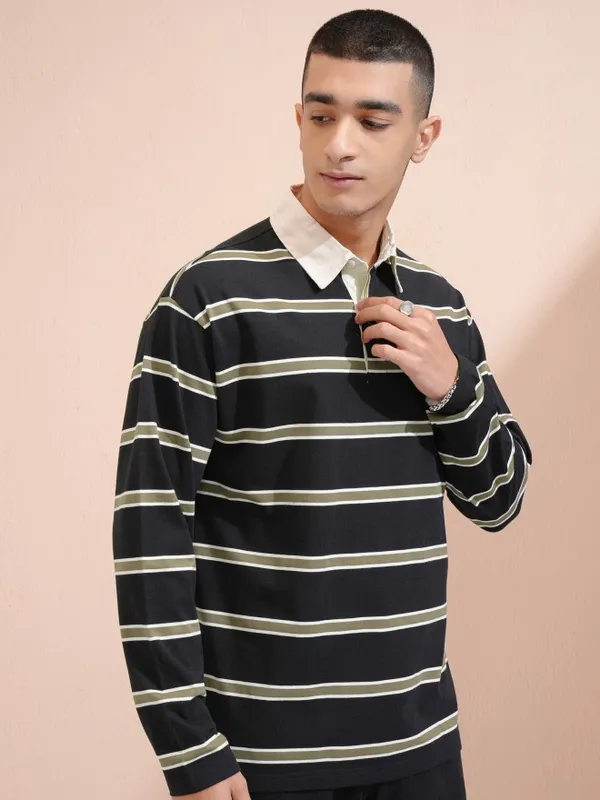 Highlander Men Black Striped Oversized Fit Polo Collar T-Shirt