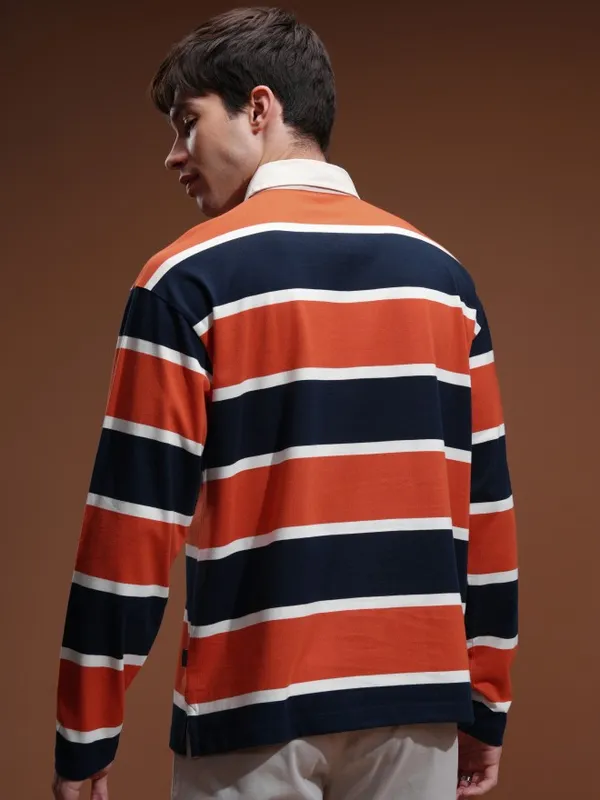 Highlander Men Navy Blue Striped Polo Collar T-Shirt