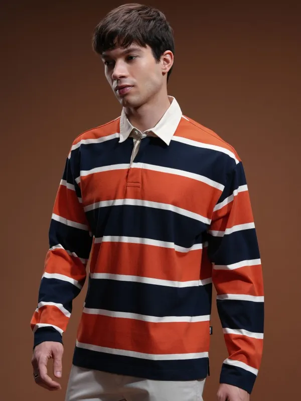 Highlander Men Navy Blue Striped Polo Collar T-Shirt