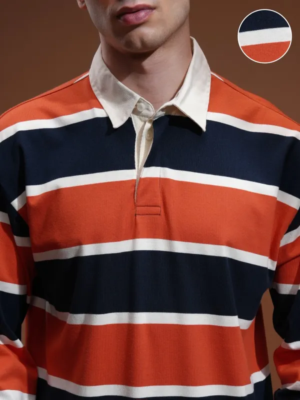 Highlander Men Navy Blue Striped Polo Collar T-Shirt