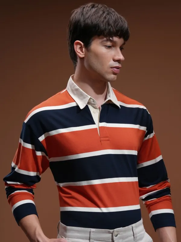 Highlander Men Navy Blue Striped Polo Collar T-Shirt