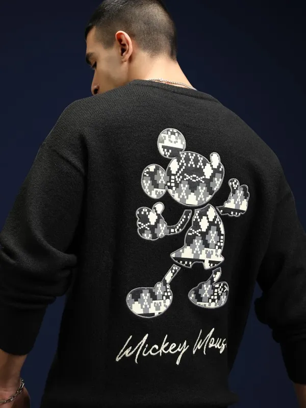 Disney By Highlander Men Black Mickey Mouse Round Neck Pullover Sweater