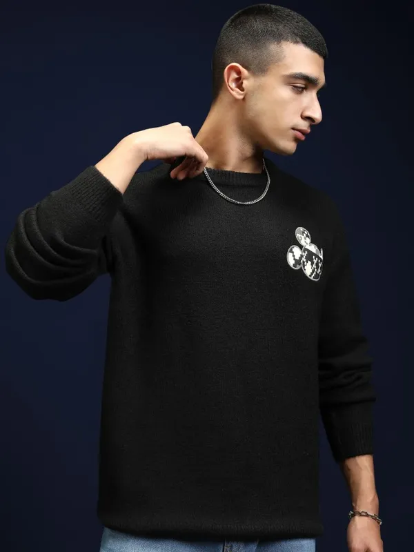 Disney By Highlander Men Black Mickey Mouse Round Neck Pullover Sweater