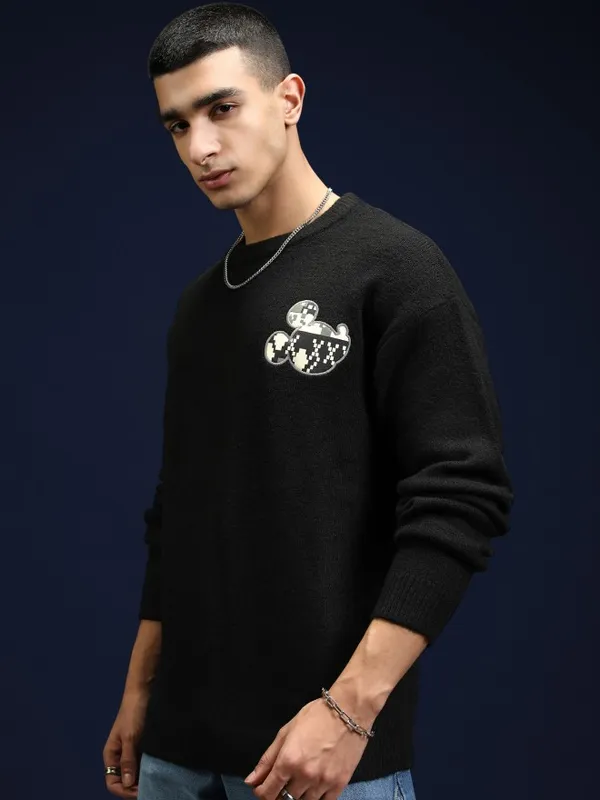 Disney By Highlander Men Black Mickey Mouse Round Neck Pullover Sweater