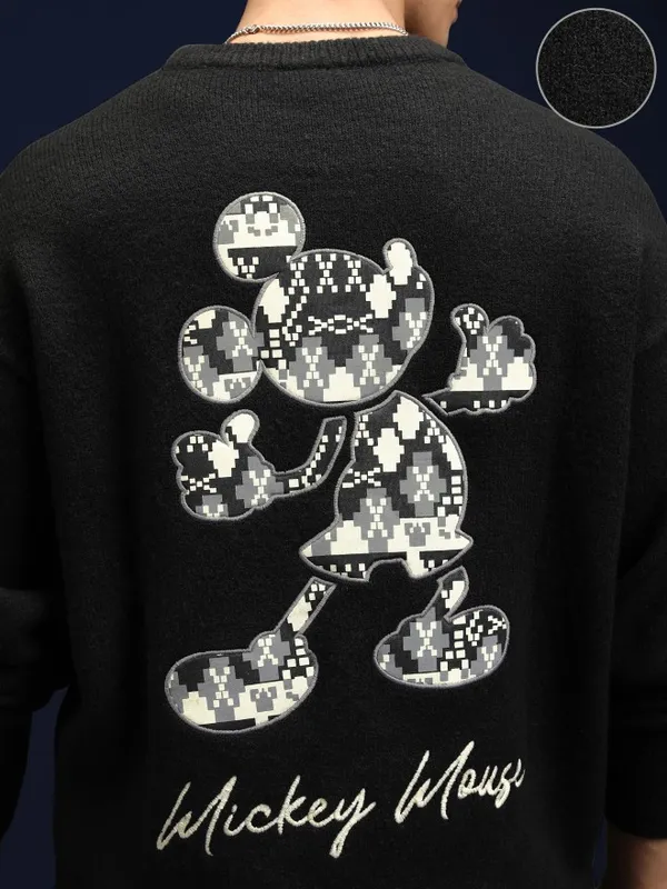 Disney By Highlander Men Black Mickey Mouse Round Neck Pullover Sweater