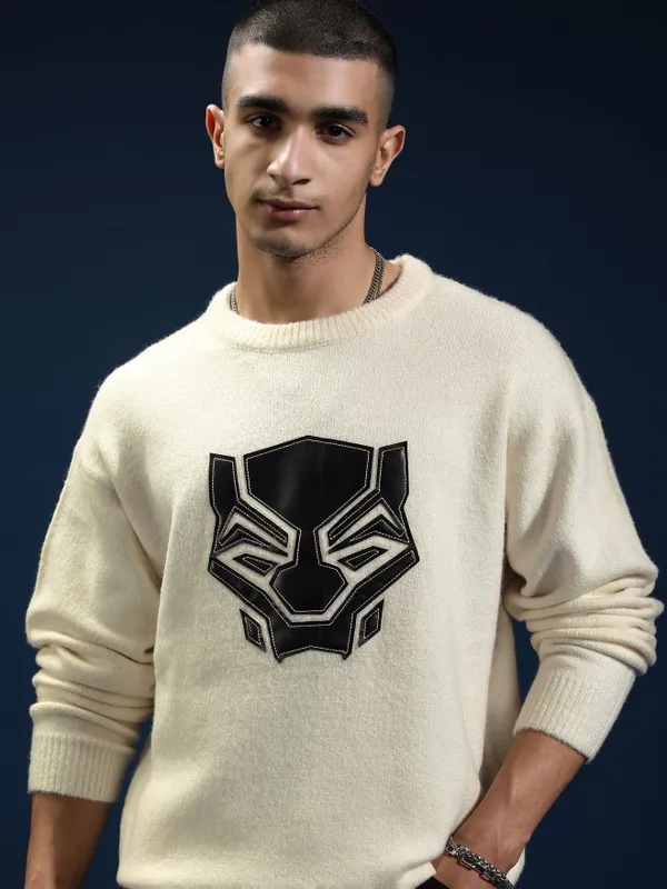 Marvel By Highlander Men Off White Black Panther Round Neck Pullover Sweater