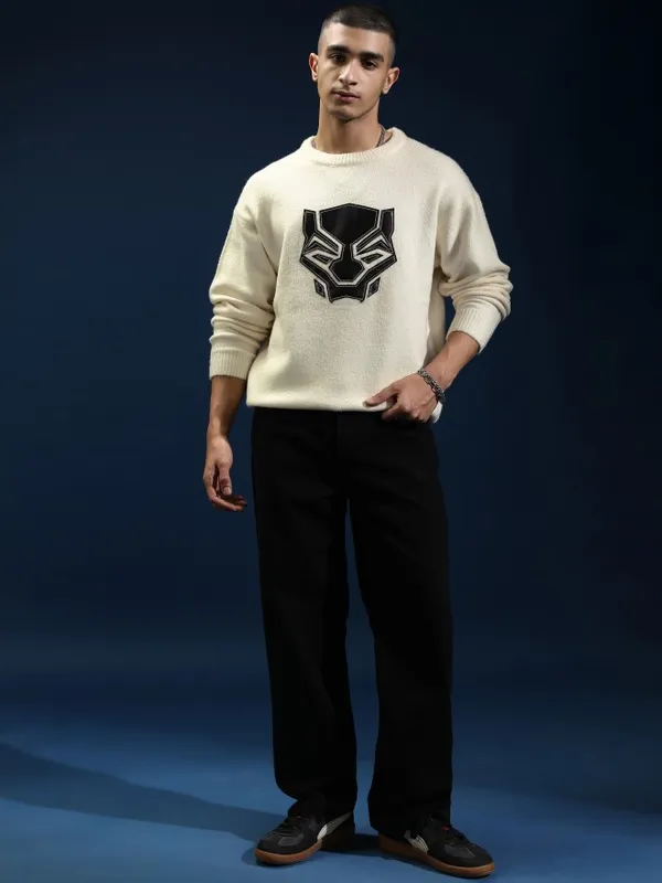 Marvel By Highlander Men Off White Black Panther Round Neck Pullover Sweater
