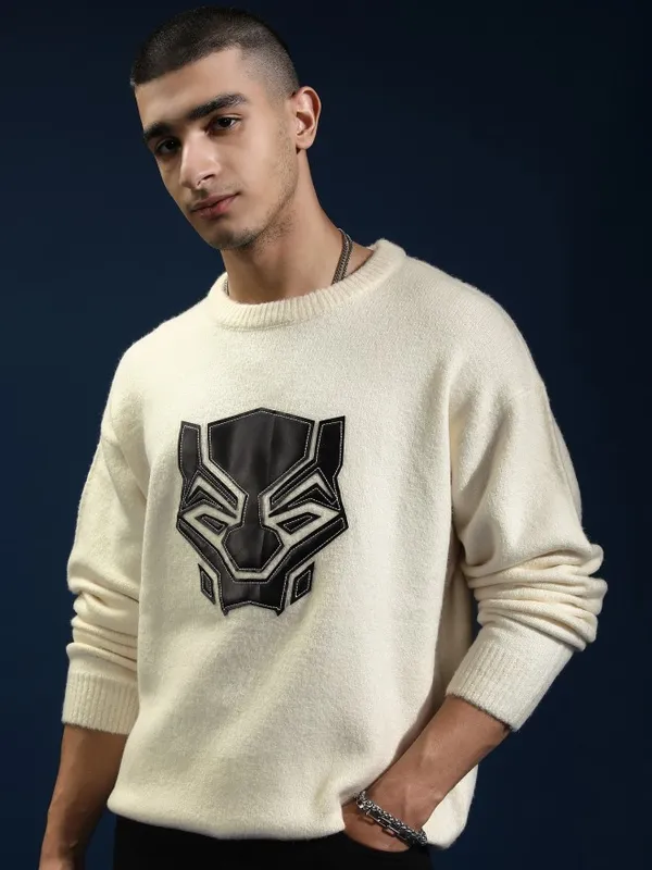 Marvel By Highlander Men Off White Black Panther Round Neck Pullover Sweater