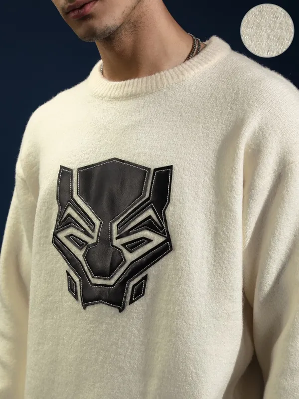 Marvel By Highlander Men Off White Black Panther Round Neck Pullover Sweater