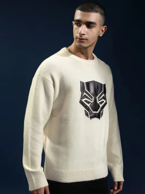 Marvel By Highlander Men Off White Black Panther Round Neck Pullover Sweater