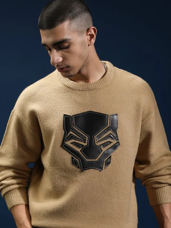 Marvel By Highlander Men Tan Black Panther Round Neck Pullover Sweater