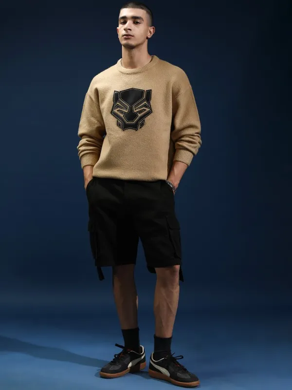 Marvel By Highlander Men Tan Black Panther Round Neck Pullover Sweater