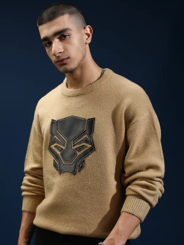 Marvel By Highlander Men Tan Black Panther Round Neck Pullover Sweater