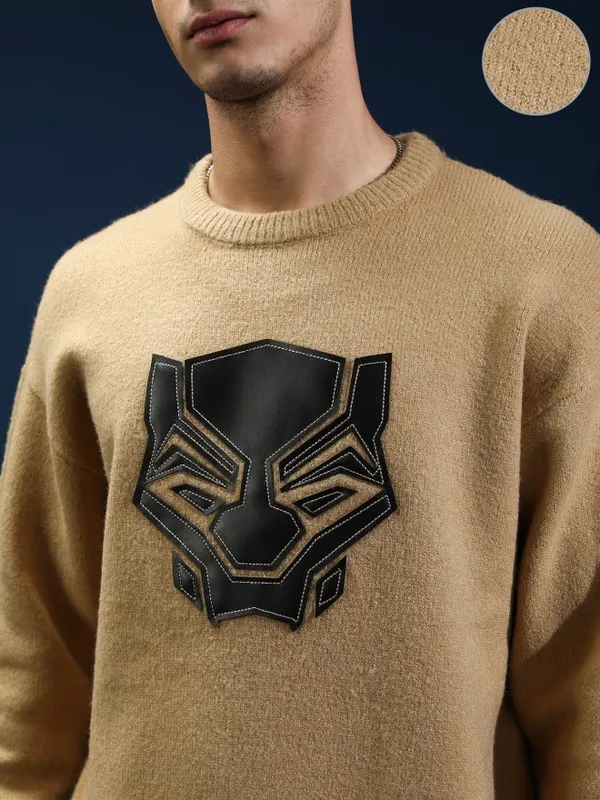 Marvel By Highlander Men Tan Black Panther Round Neck Pullover Sweater