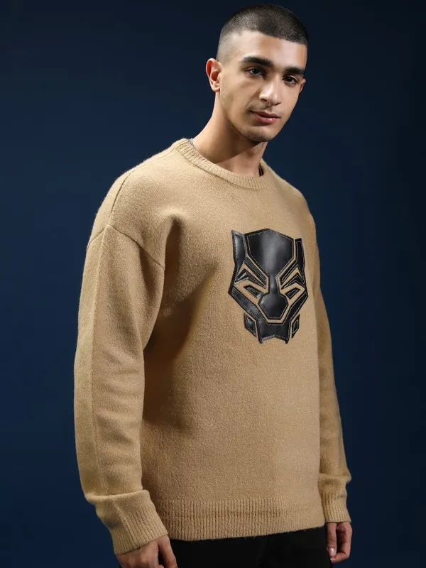 Marvel By Highlander Men Tan Black Panther Round Neck Pullover Sweater