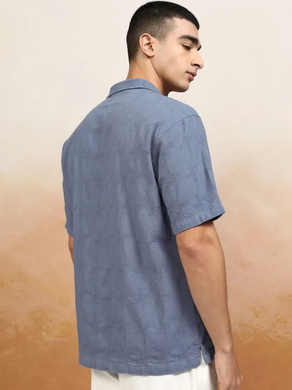 Highlander Men Blue Textured Relaxed Fit Casual Shirt