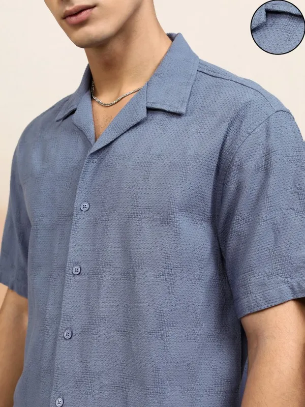 Highlander Men Blue Textured Relaxed Fit Casual Shirt