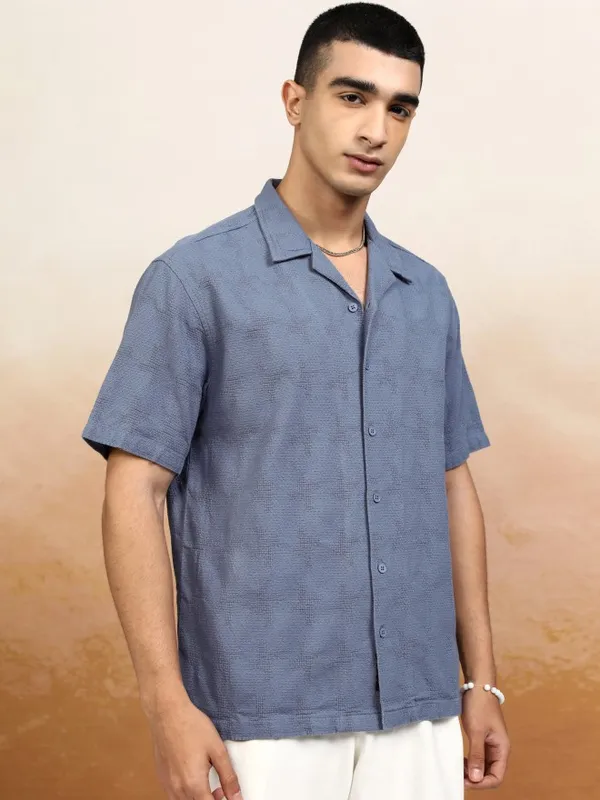 Highlander Men Blue Textured Relaxed Fit Casual Shirt