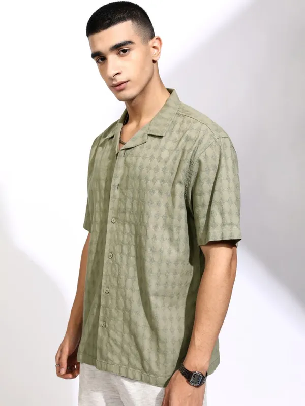 Highlander Men Olive Textured Relaxed Fit Casual Shirt
