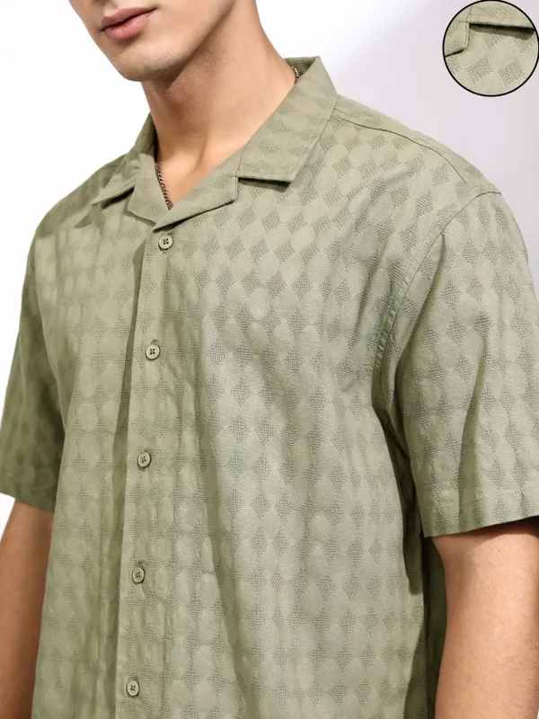 Highlander Men Olive Textured Relaxed Fit Casual Shirt