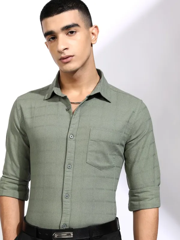 Highlander Men Olive Textured Regular Fit Casual Shirt