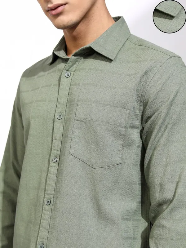 Highlander Men Olive Textured Regular Fit Casual Shirt