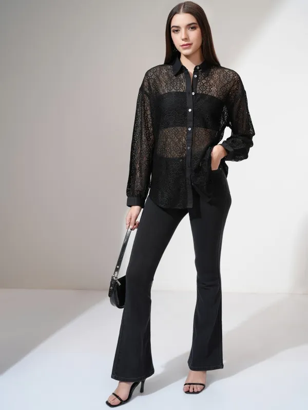 Tokyo Talkies Women Black Self Design Casual Shirt