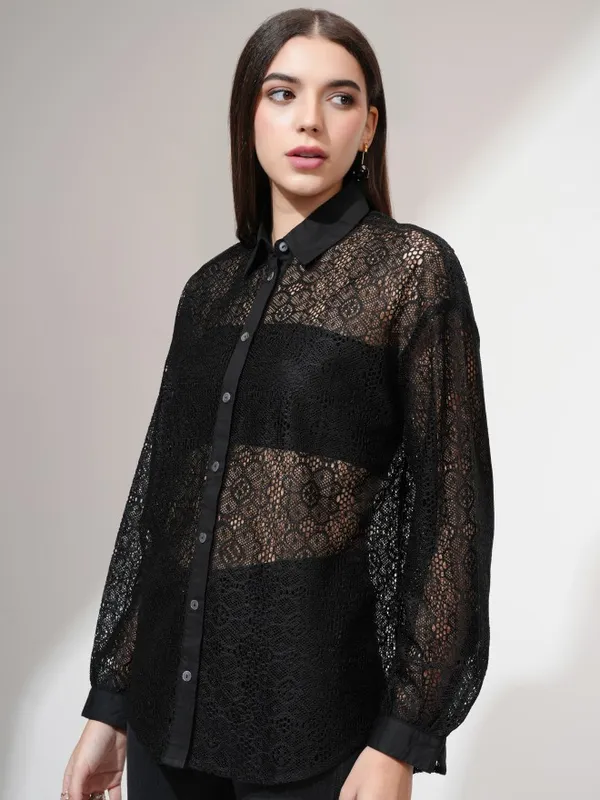 Tokyo Talkies Women Black Self Design Casual Shirt