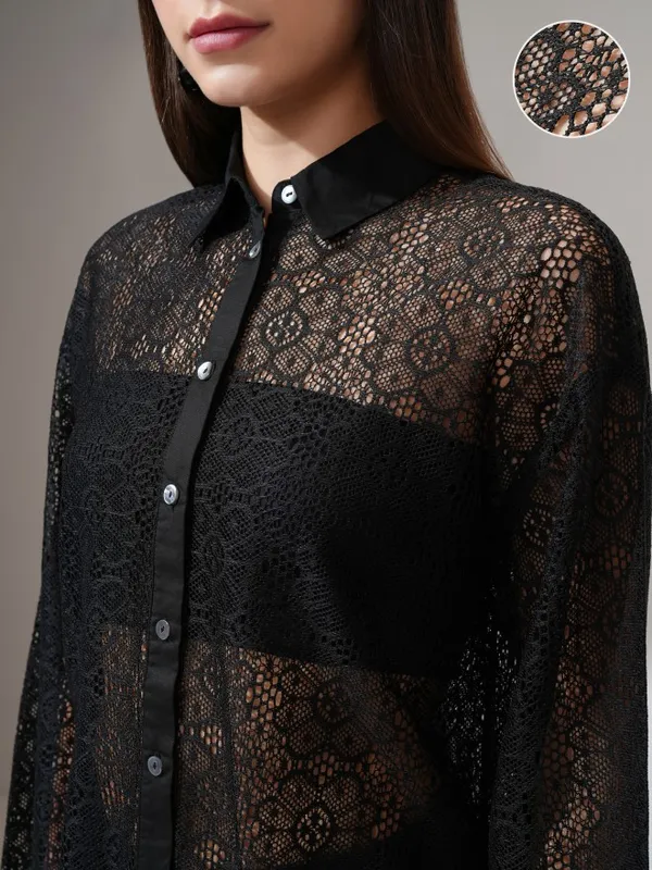 Tokyo Talkies Women Black Self Design Casual Shirt