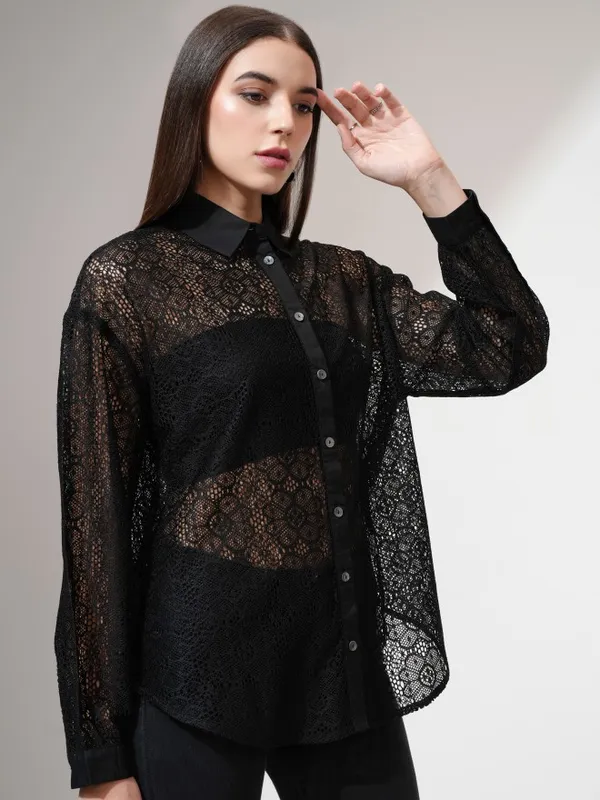Tokyo Talkies Women Black Self Design Casual Shirt