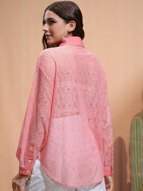 Tokyo Talkies Women Pink Self Design Regular Fit Casual Shirt