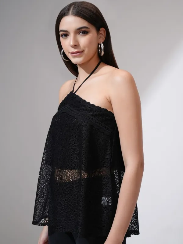 Tokyo Talkies Women Black Self Design Regular Top