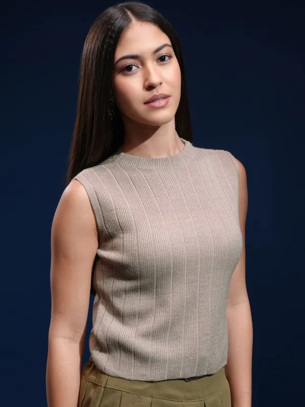 Tokyo Talkies Women Beige Mock Collar Sweater