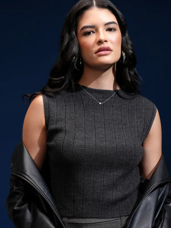 Tokyo Talkies Women Black Mock Collar Sweater